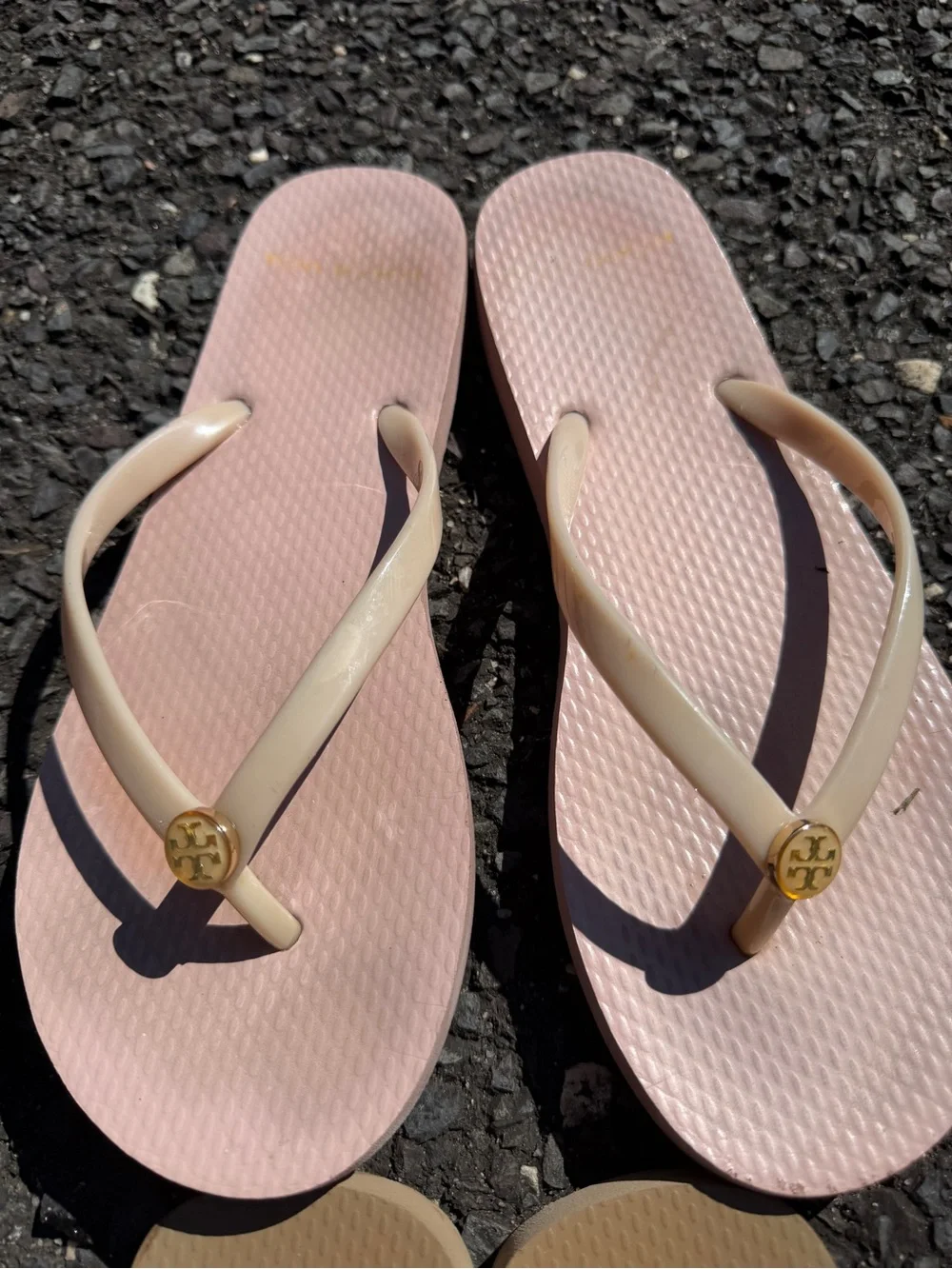 Tory Burch Bundle Logo Flip Flops in Pink and Tan
